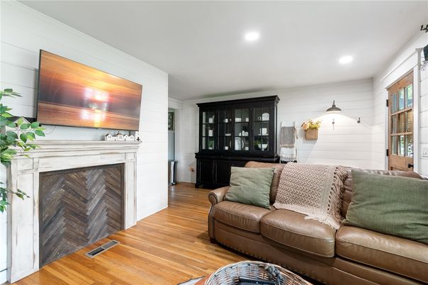 Fireplace, Interior, Living room, Recessed Lighting, Wood Texture Flooring