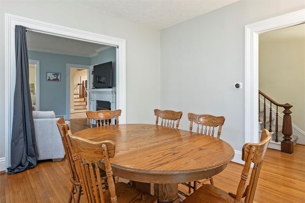 Dining room, Fireplace, Interior, Wood Texture Flooring