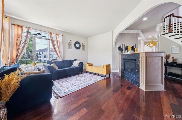 Fireplace, Interior, Living room, Recessed Lighting, Wood Texture Flooring