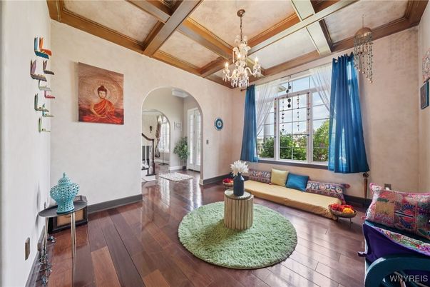 Chandelier, Interior, Living room, Wooden Beams, Wood Texture Flooring