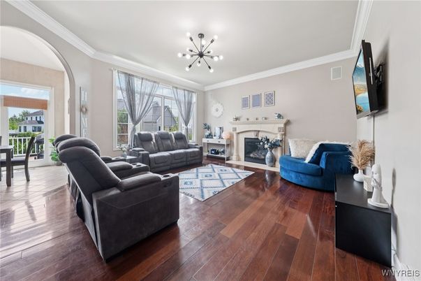 Fireplace, Interior, Living room, Pendant Lights, Wood Texture Flooring
