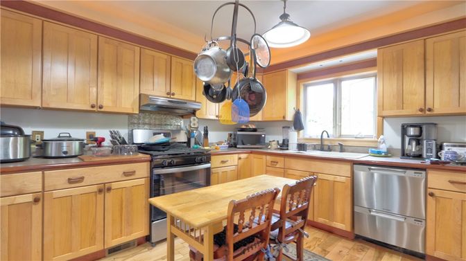 Interior, Kitchen, Pendant Lights, Recessed Lighting, Stainless Steel Appliances, Wood Texture Flooring