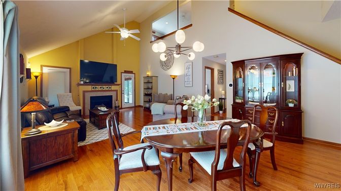 Dining room, Fireplace, Interior, Living room, Pendant Lights, Wood Texture Flooring
