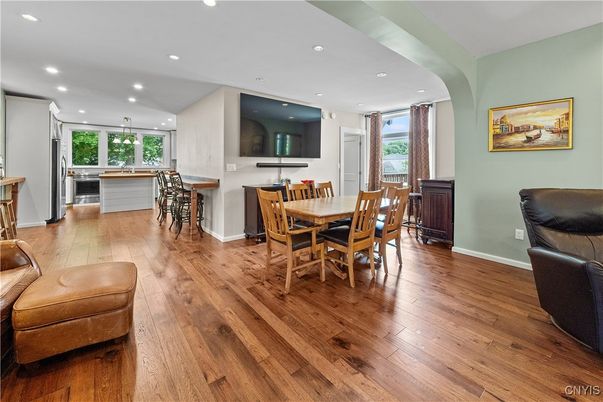 Dining room, Interior, Pendant Lights, Recessed Lighting, Wood Texture Flooring