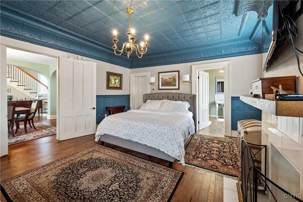 Bedroom, Chandelier, Interior, Wood Texture Flooring