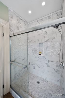 Bathroom, Glass Shower, Interior, Marble Walls, Recessed Lighting