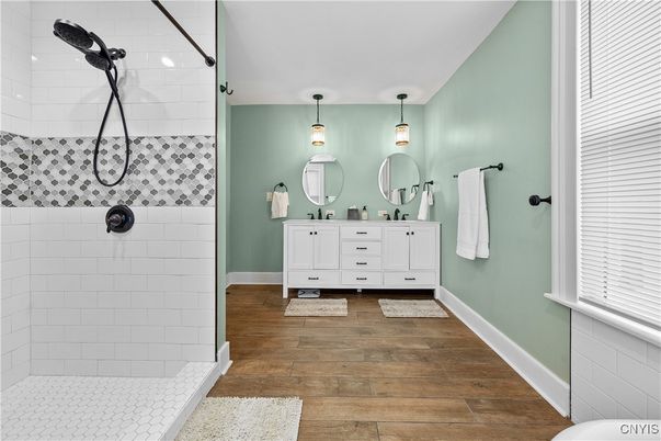 Bathroom, Dual Sink Vanities, Interior, Pendant Lights, Wood Texture Flooring