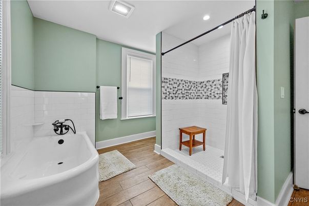 Bathroom, Free Standing Baths, Interior, Recessed Lighting, Wood Texture Flooring