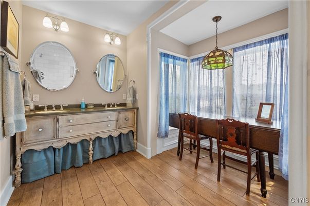 Dining room, Interior, Pendant Lights, Wood Texture Flooring