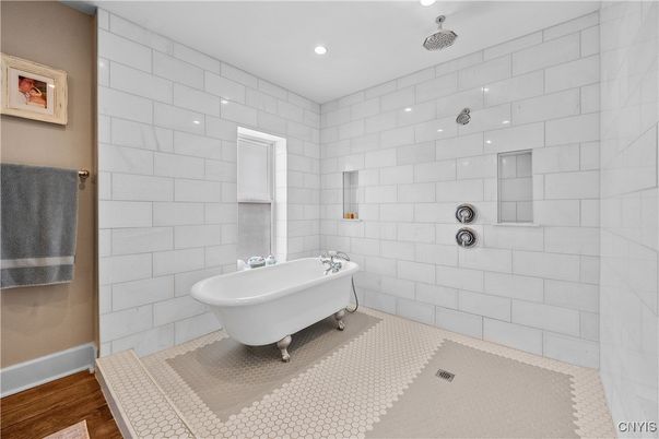Bathroom, Free Standing Baths, Interior, Recessed Lighting, Wood Texture Flooring