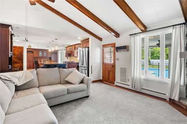Dining room, Interior, Kitchen, Living room, Pendant Lights, Recessed Lighting, Stainless Steel Appliances, Wooden Beams