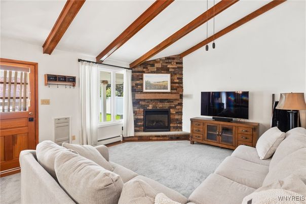 Fireplace, Interior, Living room, Stone Walls, Wooden Beams