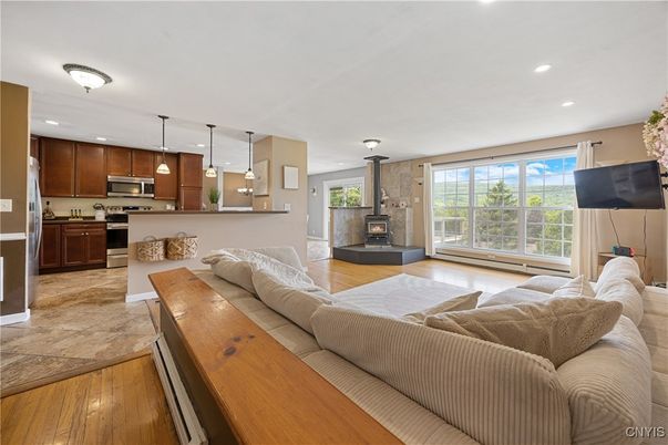 Fireplace, Interior, Kitchen, Living room, Pendant Lights, Recessed Lighting, Stainless Steel Appliances