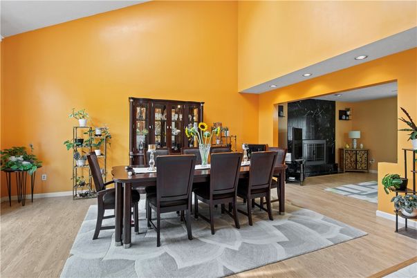 Dining room, Fireplace, Interior, Recessed Lighting, Wood Texture Flooring