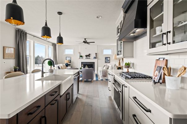 Fireplace, Interior, Kitchen, Living room, Pendant Lights, Recessed Lighting, Wood Texture Flooring