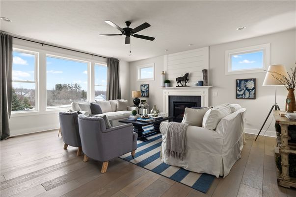 Fireplace, Interior, Living room, Recessed Lighting, Wood Texture Flooring