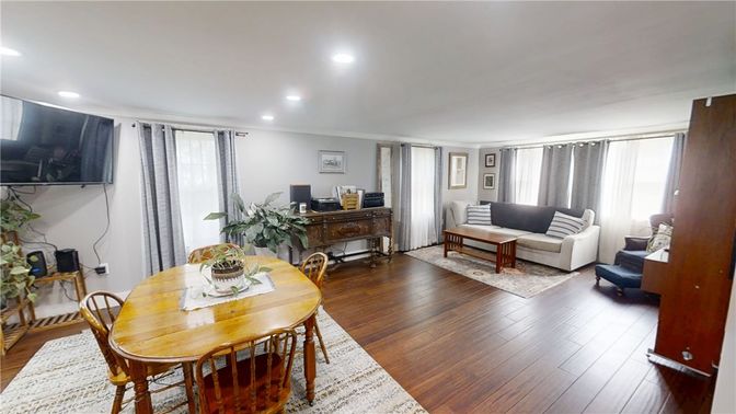 Dining room, Interior, Living room, Recessed Lighting, Wood Texture Flooring