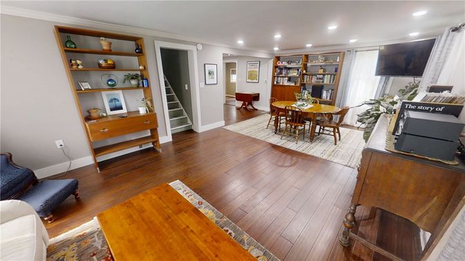 Dining room, Interior, Recessed Lighting, Wood Texture Flooring