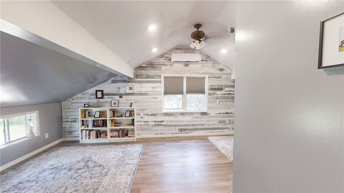 Empty room, Interior, Recessed Lighting, Stone Walls, Wood Texture Flooring