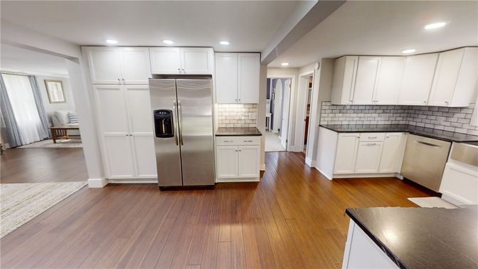Interior, Kitchen, Recessed Lighting, Stainless Steel Appliances, Wood Texture Flooring