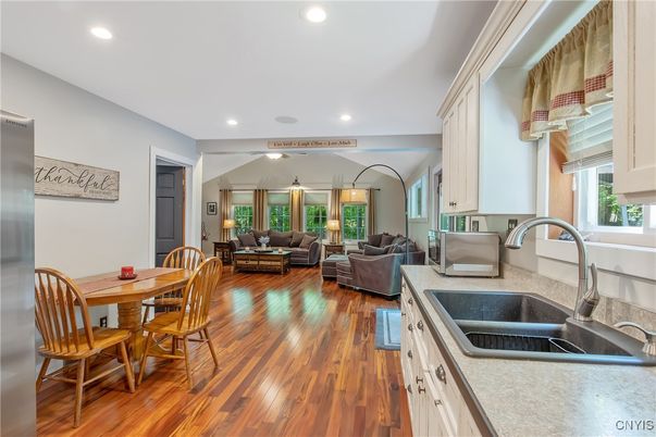 Dining room, Interior, Kitchen, Living room, Recessed Lighting, Wood Texture Flooring