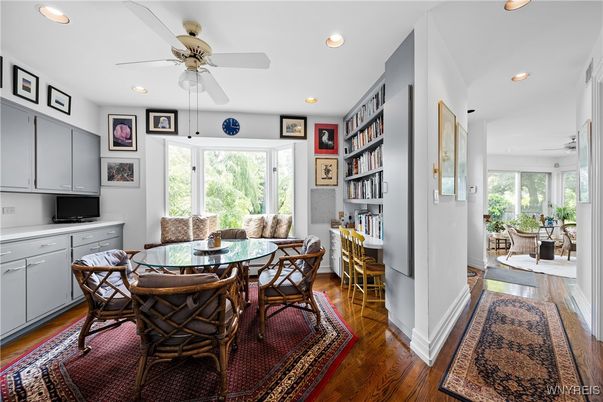 Dining room, Interior, Recessed Lighting, Wood Texture Flooring