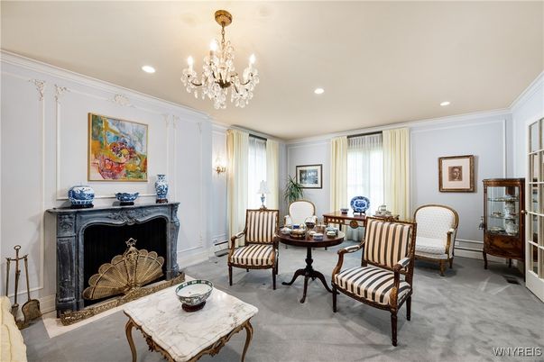 Chandelier, Dining room, Fireplace, Interior, Recessed Lighting