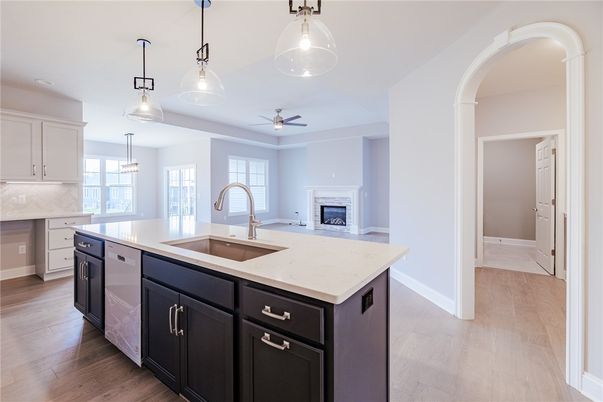 Fireplace, Interior, Kitchen, Pendant Lights, Recessed Lighting, Wood Texture Flooring