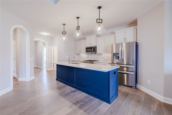 Interior, Kitchen, Pendant Lights, Stainless Steel Appliances, Wood Texture Flooring