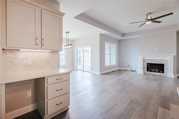 Empty room, Fireplace, Interior, Pendant Lights, Wood Texture Flooring