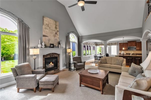 Fireplace, Interior, Kitchen, Living room, Pendant Lights