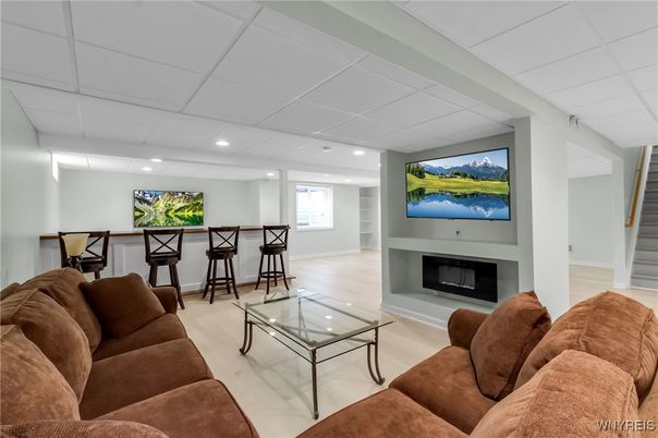 Fireplace, Interior, Living room, Recessed Lighting, Wood Texture Flooring