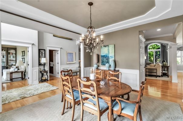 Chandelier, Dining room, Interior, Recessed Lighting, Wood Texture Flooring