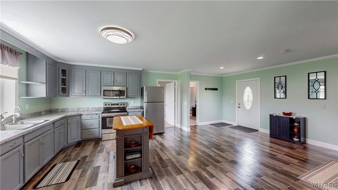 Interior, Kitchen, Recessed Lighting, Stainless Steel Appliances, Wood Texture Flooring