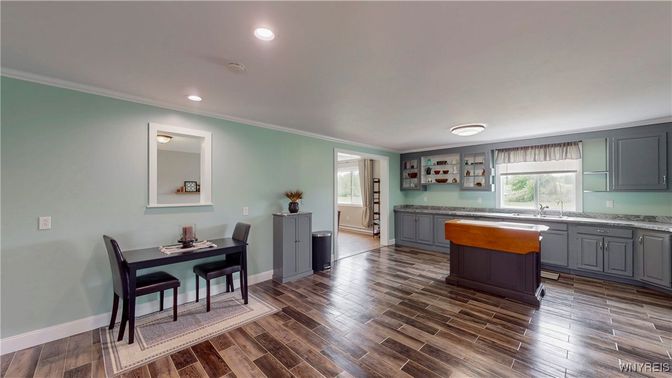 Dining room, Interior, Kitchen, Recessed Lighting, Wood Texture Flooring