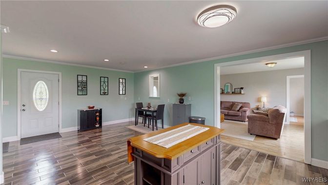 Dining room, Interior, Living room, Recessed Lighting, Wood Texture Flooring
