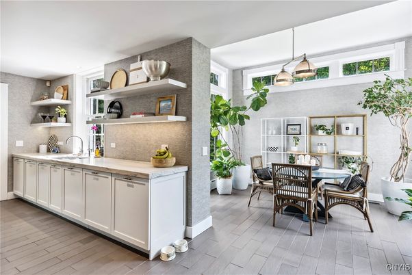 Dining room, Interior, Kitchen, Pendant Lights, Wood Texture Flooring
