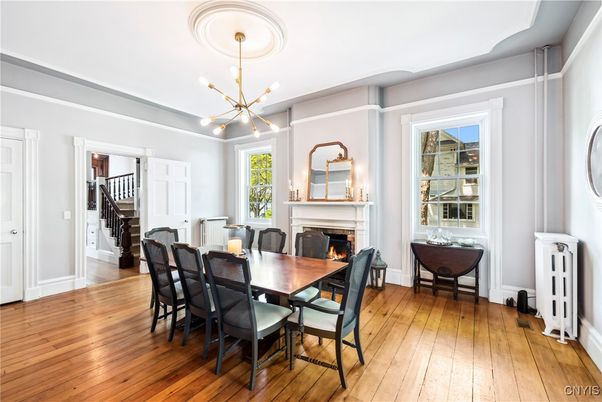 Dining room, Fireplace, Interior, Pendant Lights, Wood Texture Flooring