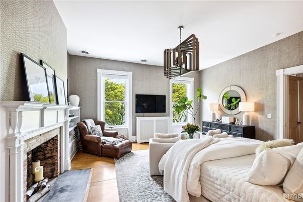 Bedroom, Fireplace, Interior, Pendant Lights, Wood Texture Flooring