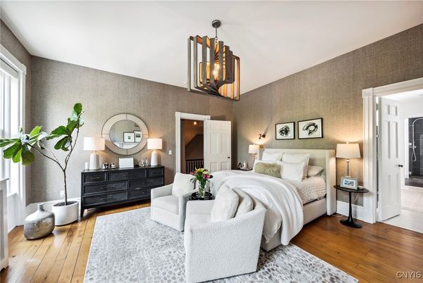 Bedroom, Interior, Pendant Lights, Wood Texture Flooring
