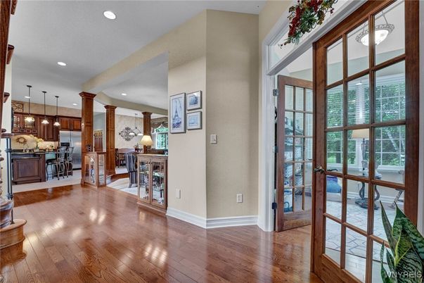 Dining room, Interior, Kitchen, Pendant Lights, Recessed Lighting, Wood Texture Flooring