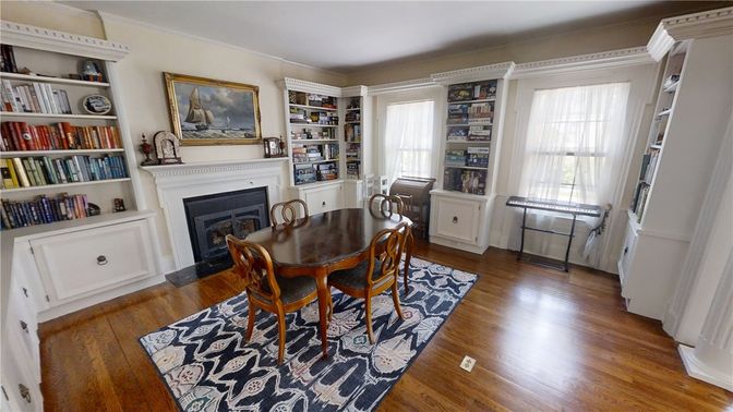 Dining room, Fireplace, Interior, Wood Texture Flooring