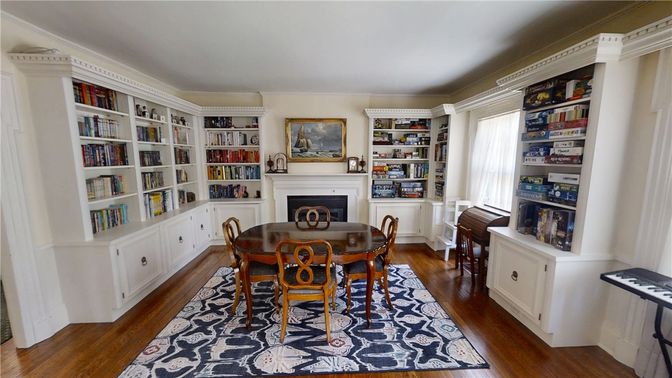 Dining room, Fireplace, Interior, Wood Texture Flooring