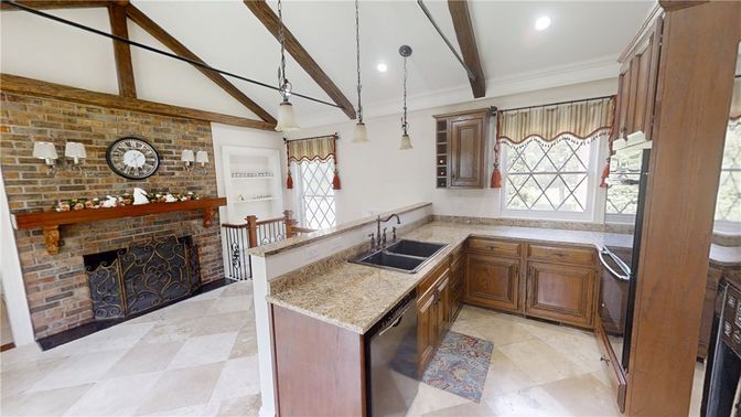 Fireplace, Interior, Kitchen, Pendant Lights, Recessed Lighting, Stone Walls, Wooden Beams