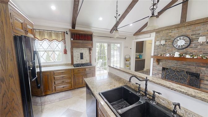Fireplace, Interior, Recessed Lighting, Stone Walls, Wooden Beams