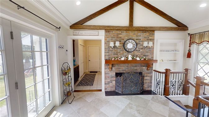 Fireplace, Interior, Recessed Lighting, Stone Walls, Wooden Beams
