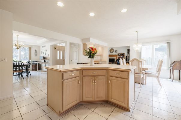 Chandelier, Dining room, Fireplace, Interior, Kitchen, Recessed Lighting