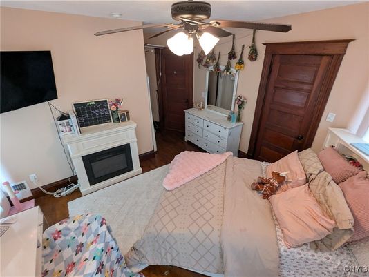 Bedroom, Fireplace, Interior, Wood Texture Flooring