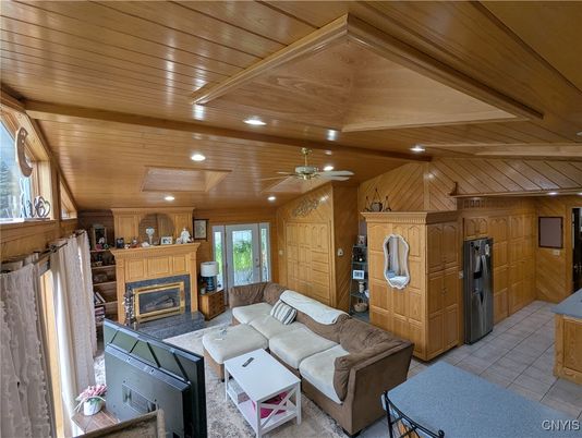 Fireplace, Interior, Living room, Recessed Lighting, Wooden Ceilings, Wooden Walls