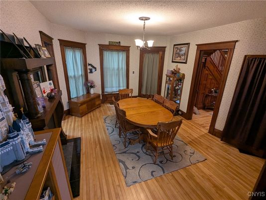 Chandelier, Dining room, Interior, Wood Texture Flooring